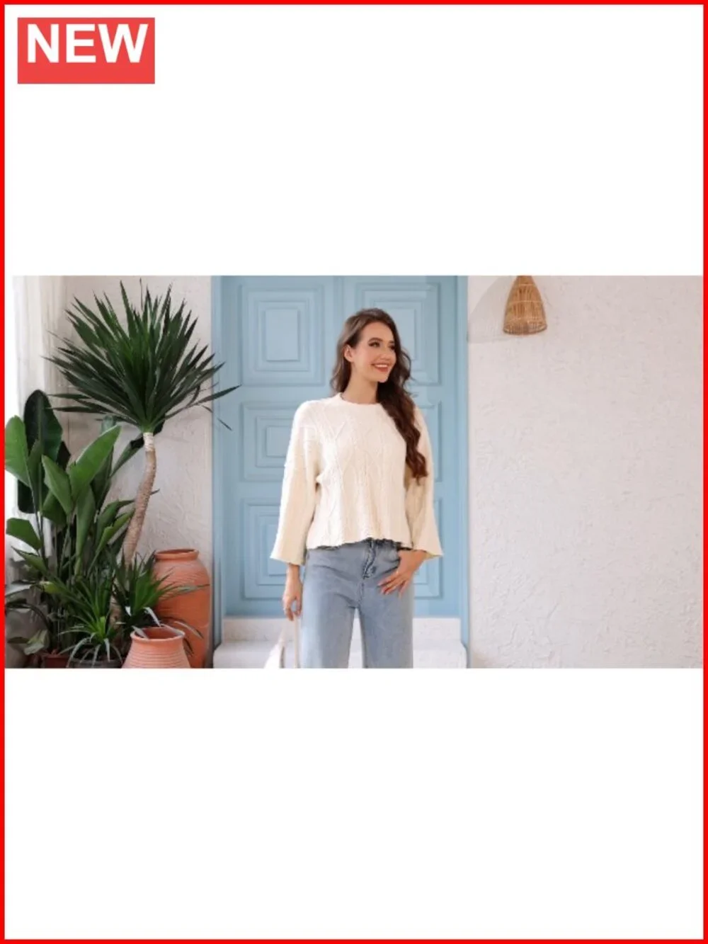 Womens Cable Knit Cropped Sweater Oversized Long Sleeve Crew Neck Pullover